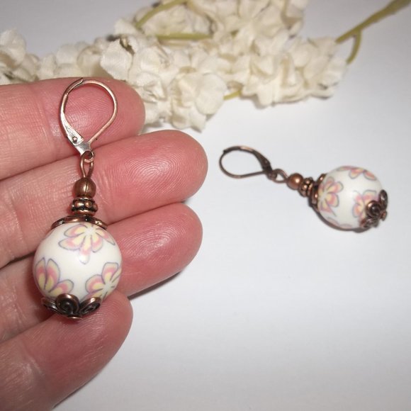 Cream and Copper Earrings Flower Boho Style Dangle Gift Idea for Her Big 6706 - Picture 6 of 6